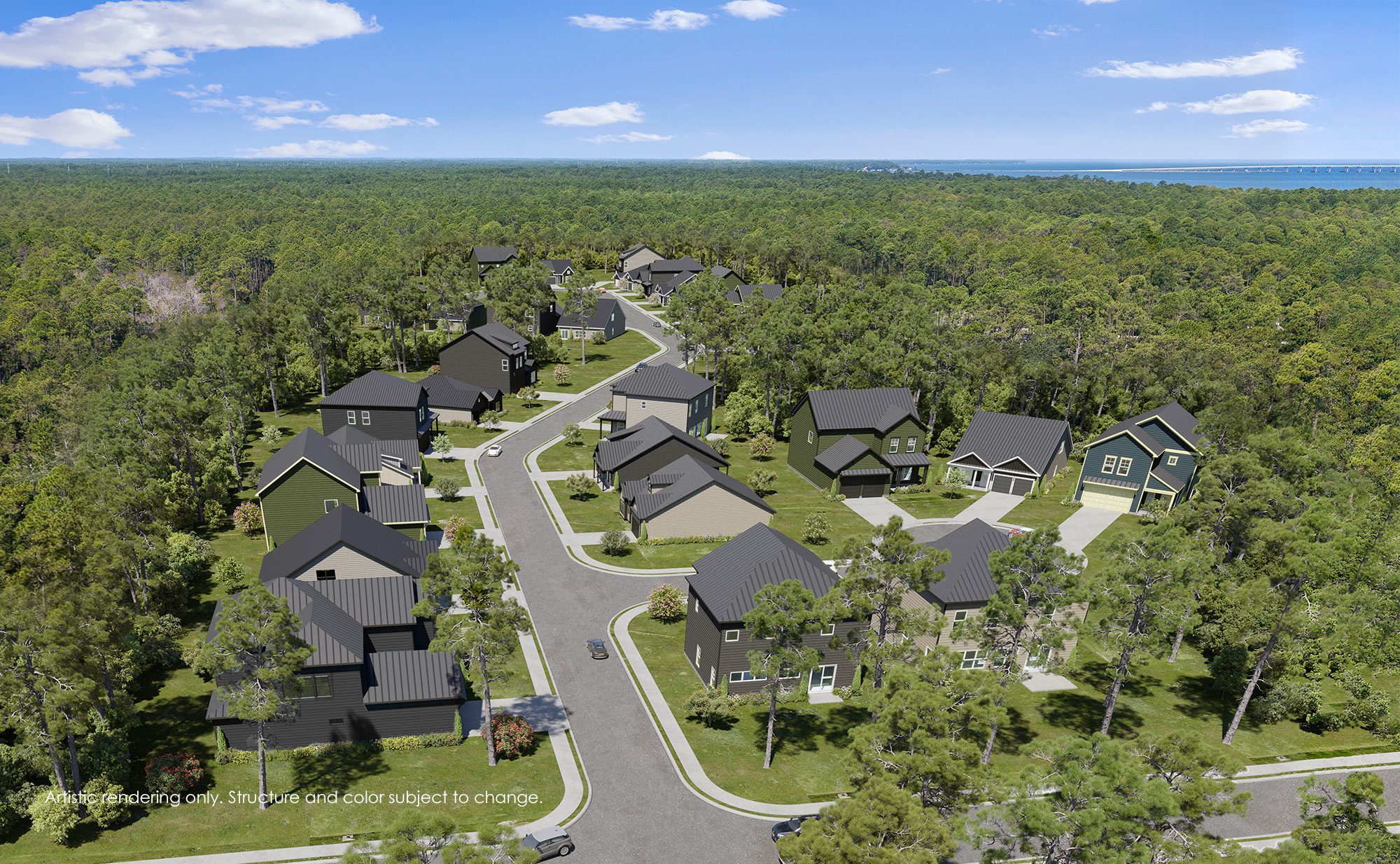 Aerial render of the Shoal community, surrounded by forest area.